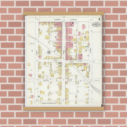 Old map wall art mockup — magnetic wood frame on brick wall — Sanborn Fire Insurance Map from Barnesville, Belmont County, Ohio (1899), Sheet #0004