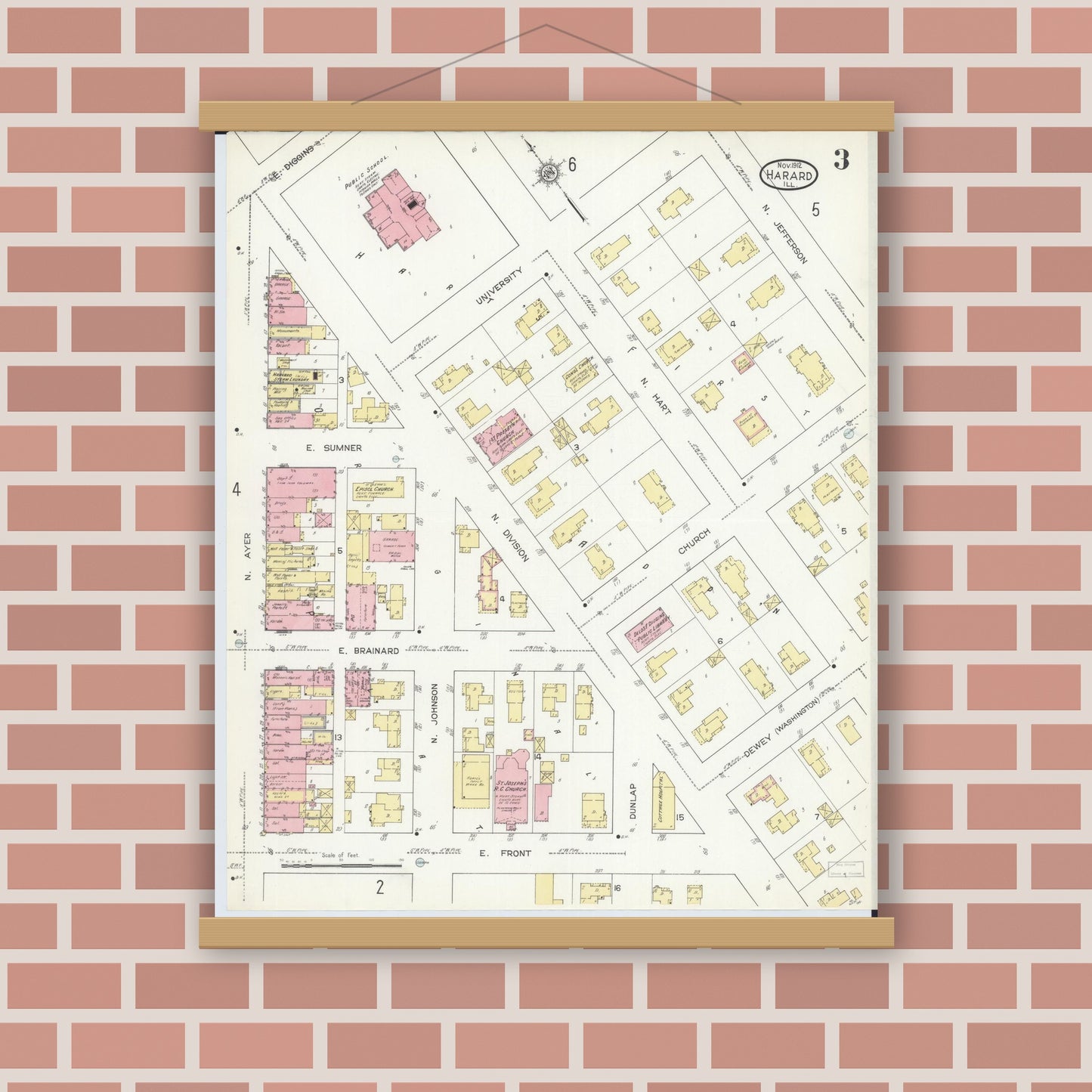 Old map wall art mockup — magnetic wood frame on brick wall — Sanborn Fire Insurance Map from Harvard, McHenry County, Illinois (1912), Sheet #0003