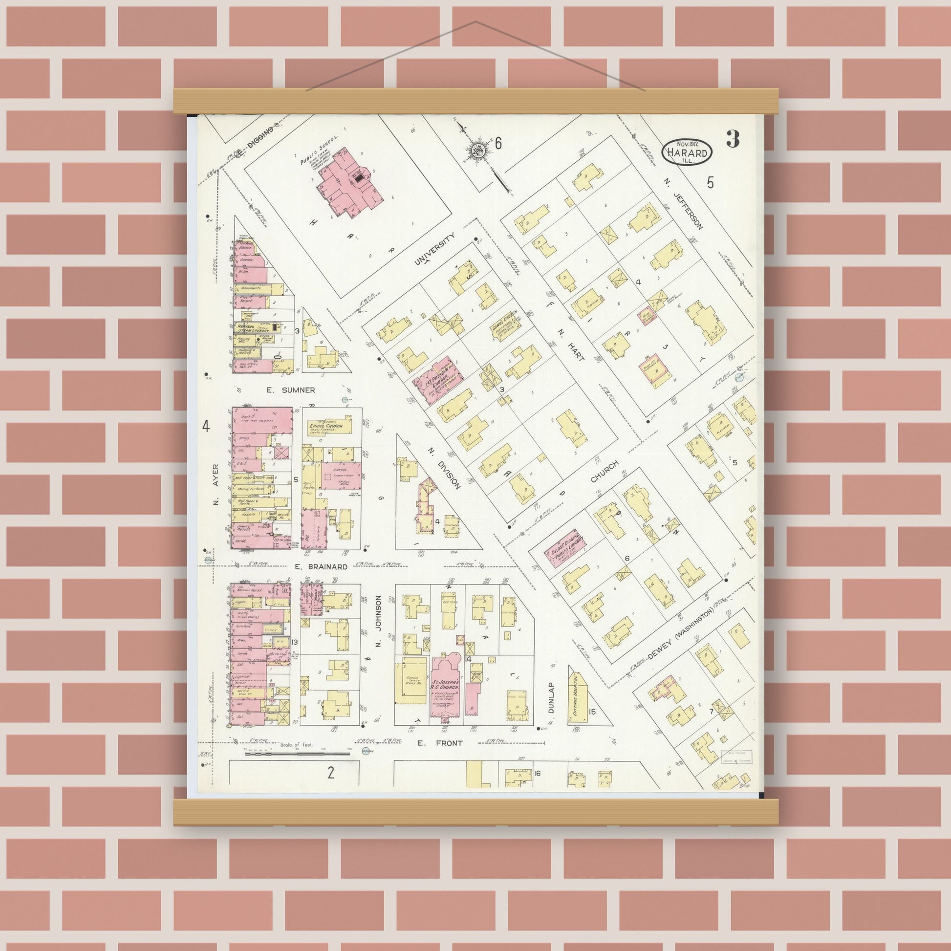Old map wall art mockup — magnetic wood frame on brick wall — Sanborn Fire Insurance Map from Harvard, McHenry County, Illinois (1912), Sheet #0003