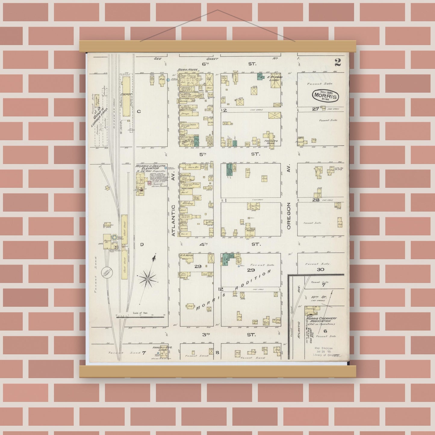 Old map wall art mockup — magnetic wood frame on brick wall — Sanborn Fire Insurance Map from Morris, Stevens County, Minnesota (1885), Sheet #0002