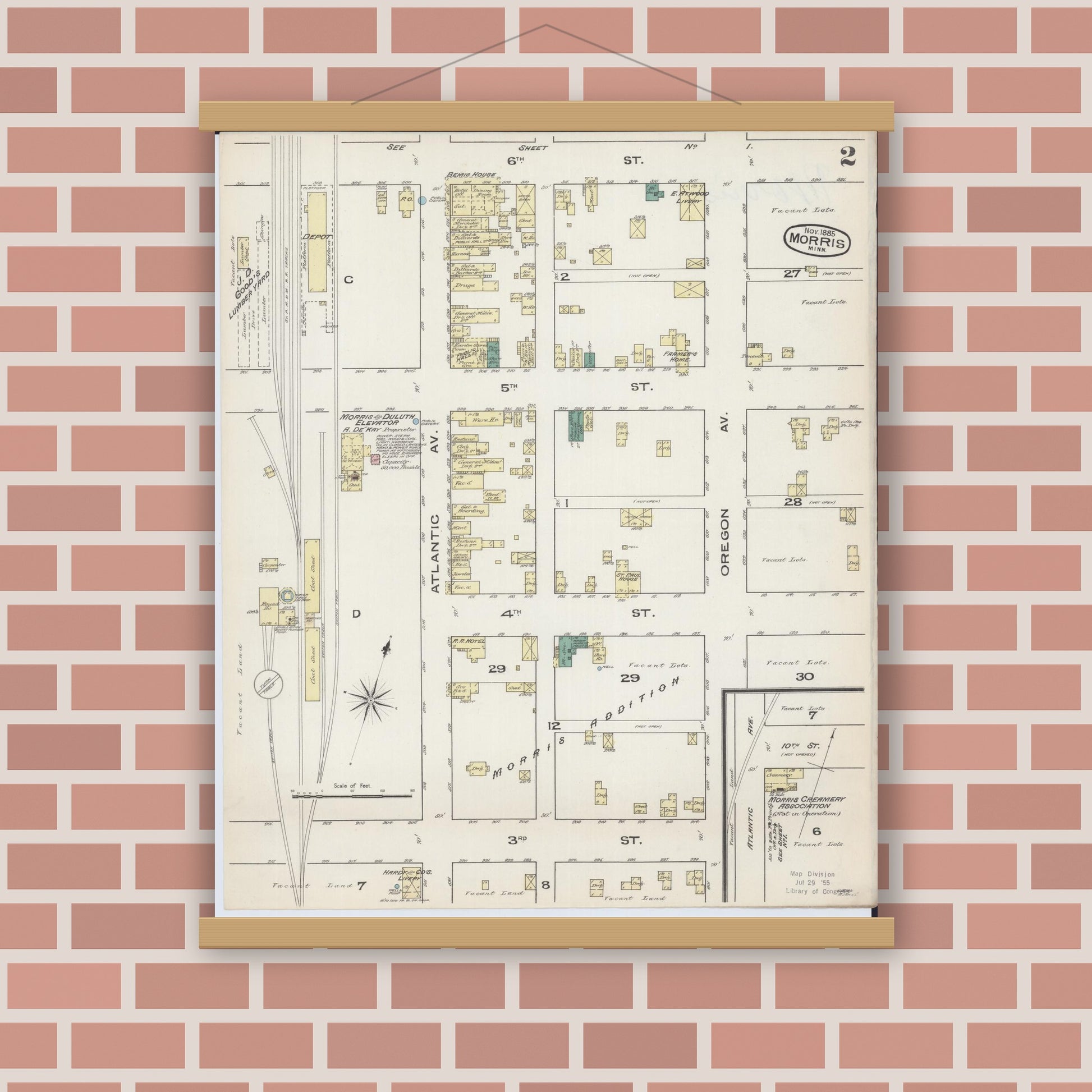 Old map wall art mockup — magnetic wood frame on brick wall — Sanborn Fire Insurance Map from Morris, Stevens County, Minnesota (1885), Sheet #0002