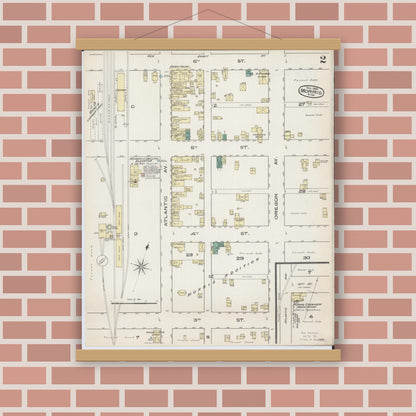 Old map wall art mockup — magnetic wood frame on brick wall — Sanborn Fire Insurance Map from Morris, Stevens County, Minnesota (1885), Sheet #0002