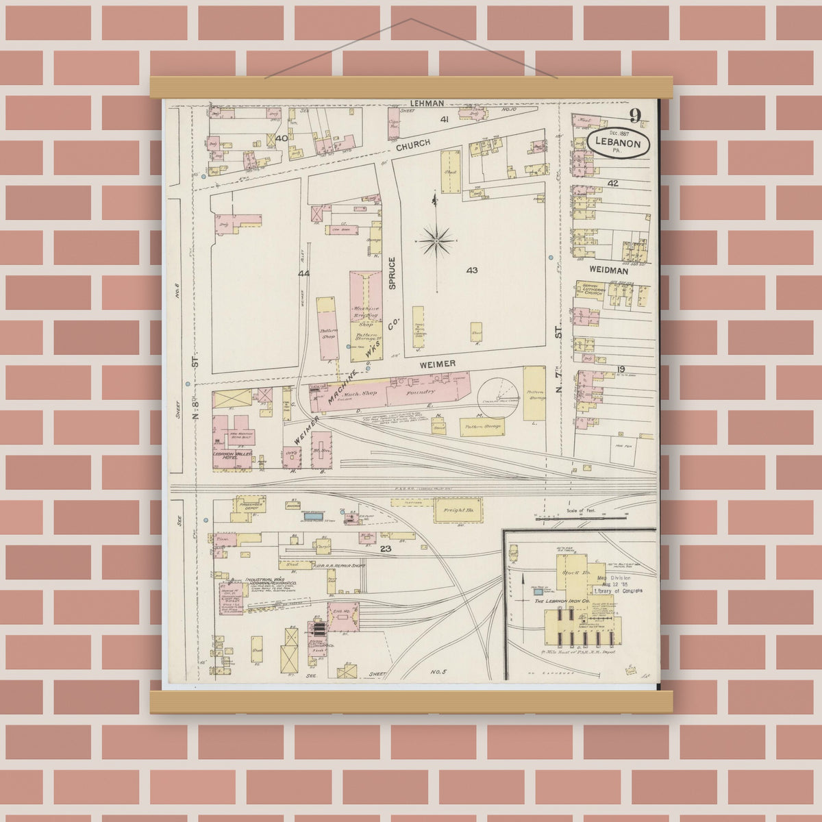 Old map wall art mockup — magnetic wood frame on brick wall — Sanborn Fire Insurance Map from Lebanon, Lebanon County, Pennsylvania (1887), Sheet #0009