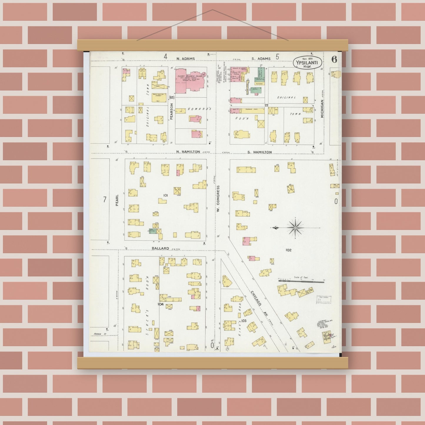 Old map wall art mockup — magnetic wood frame on brick wall — Sanborn Fire Insurance Map from Ypsilanti, Washtenaw County, Michigan (1899), Sheet #0006