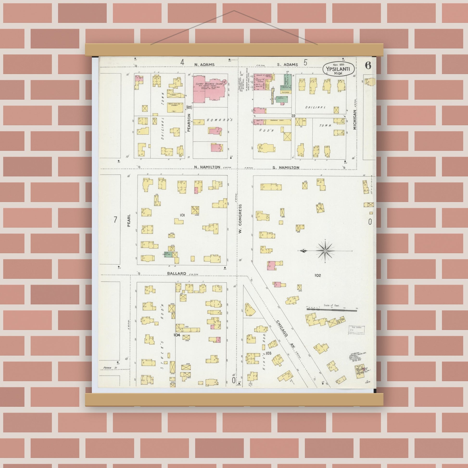 Old map wall art mockup — magnetic wood frame on brick wall — Sanborn Fire Insurance Map from Ypsilanti, Washtenaw County, Michigan (1899), Sheet #0006
