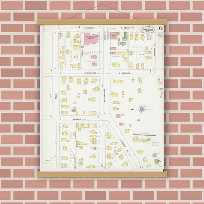 Old map wall art mockup — magnetic wood frame on brick wall — Sanborn Fire Insurance Map from Ypsilanti, Washtenaw County, Michigan (1899), Sheet #0006