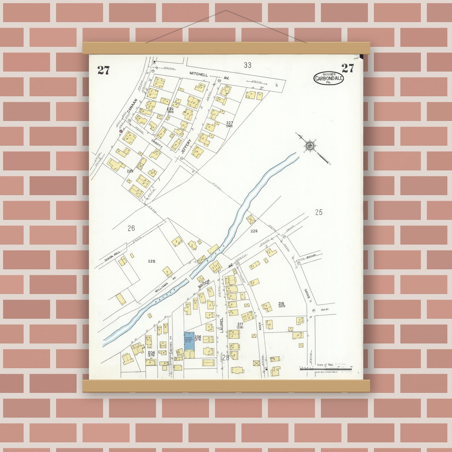 Old map wall art mockup — magnetic wood frame on brick wall — Sanborn Fire Insurance Map from Carbondale, Lackawanna County, Pennsylvania (1923), Sheet #0027