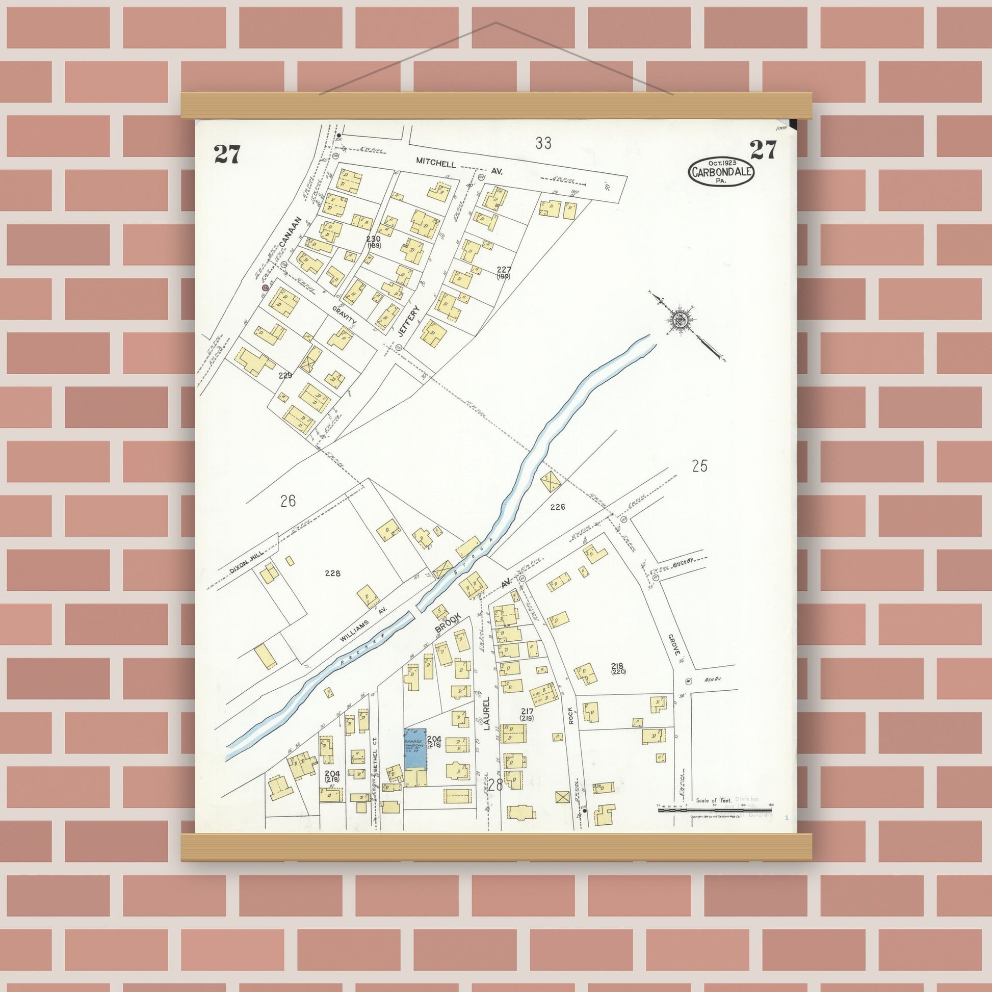 Old map wall art mockup — magnetic wood frame on brick wall — Sanborn Fire Insurance Map from Carbondale, Lackawanna County, Pennsylvania (1923), Sheet #0027