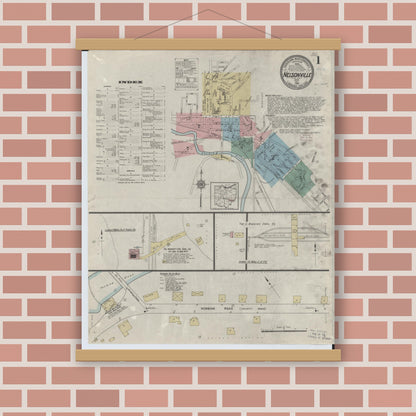 Old map wall art mockup — magnetic wood frame on brick wall — Sanborn Fire Insurance Map from Nelsonville, Athens County, Ohio (1914), Sheet #0001