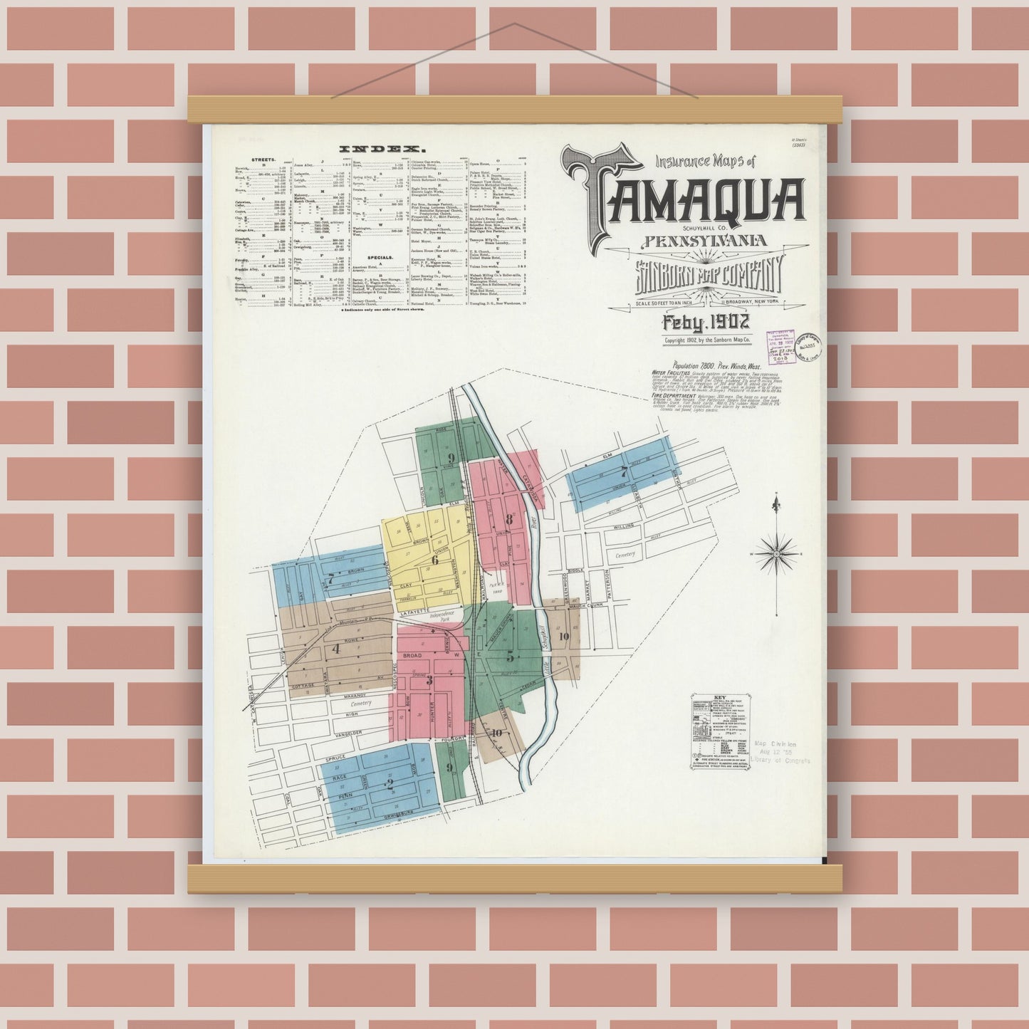 Old map wall art mockup — magnetic wood frame on brick wall — Sanborn Fire Insurance Map from Tamaqua, Schuylkill County, Pennsylvania (1902) - Complete Map Set