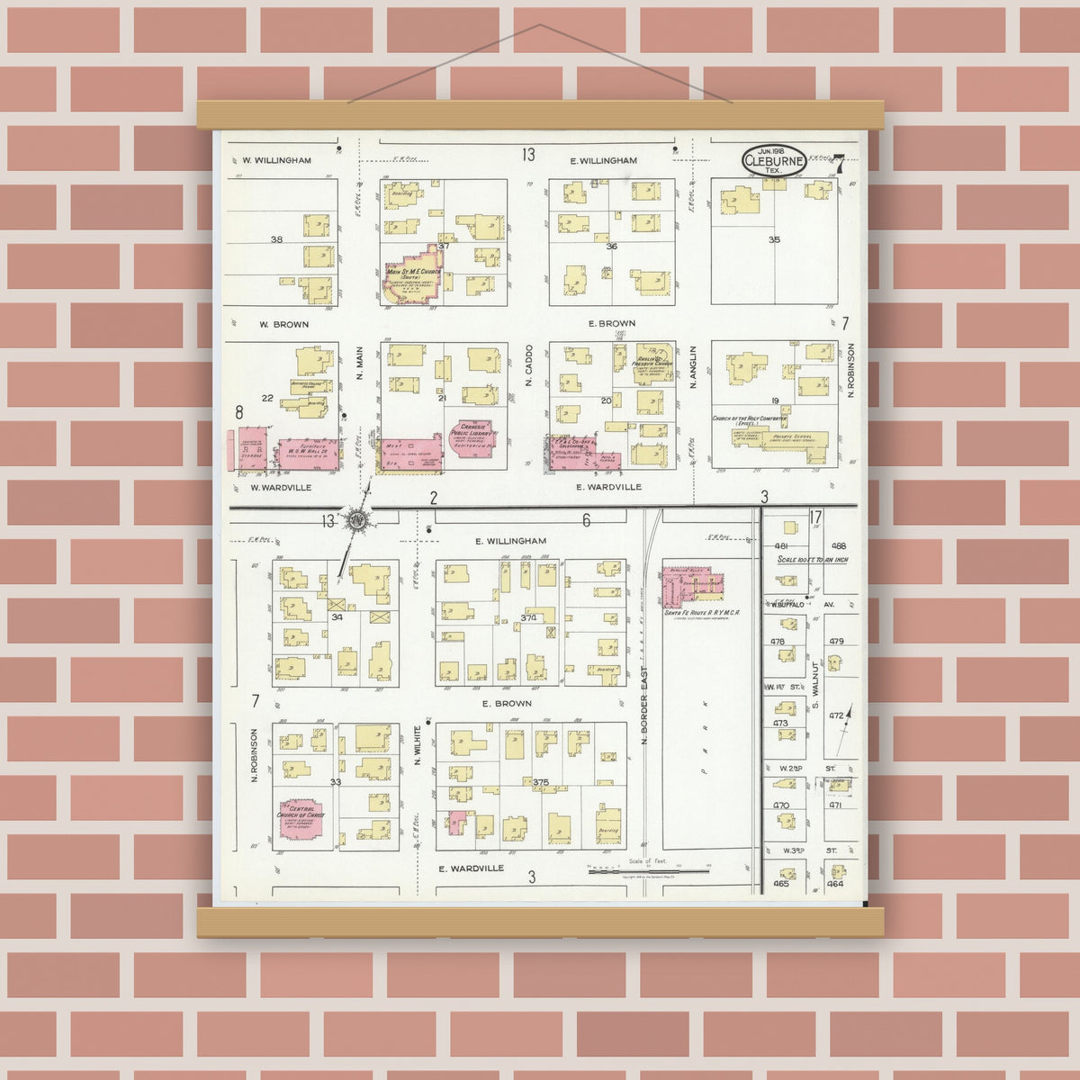 Old map wall art mockup — magnetic wood frame on brick wall — Sanborn Fire Insurance Map from Cleburne, Johnson County, Texas (1918), Sheet #0007