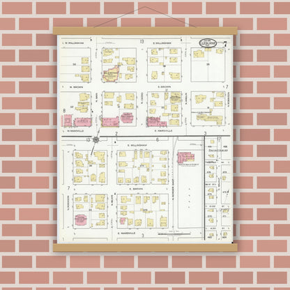 Old map wall art mockup — magnetic wood frame on brick wall — Sanborn Fire Insurance Map from Cleburne, Johnson County, Texas (1918), Sheet #0007