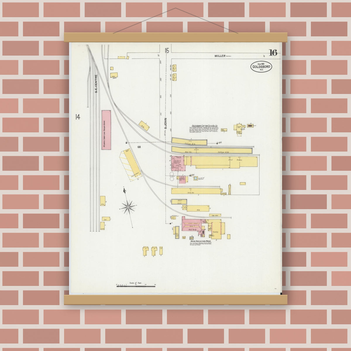 Old map wall art mockup — magnetic wood frame on brick wall — Sanborn Fire Insurance Map from Goldsboro, Wayne County, North Carolina (1901), Sheet #0016