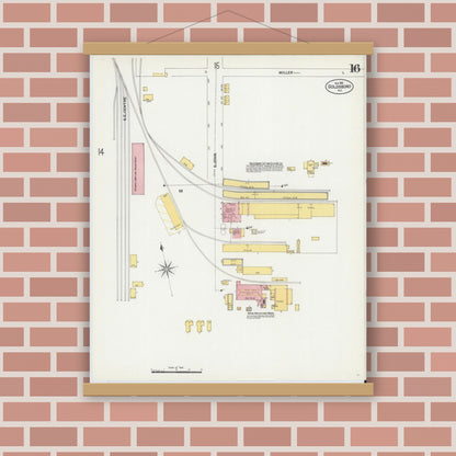 Old map wall art mockup — magnetic wood frame on brick wall — Sanborn Fire Insurance Map from Goldsboro, Wayne County, North Carolina (1901), Sheet #0016