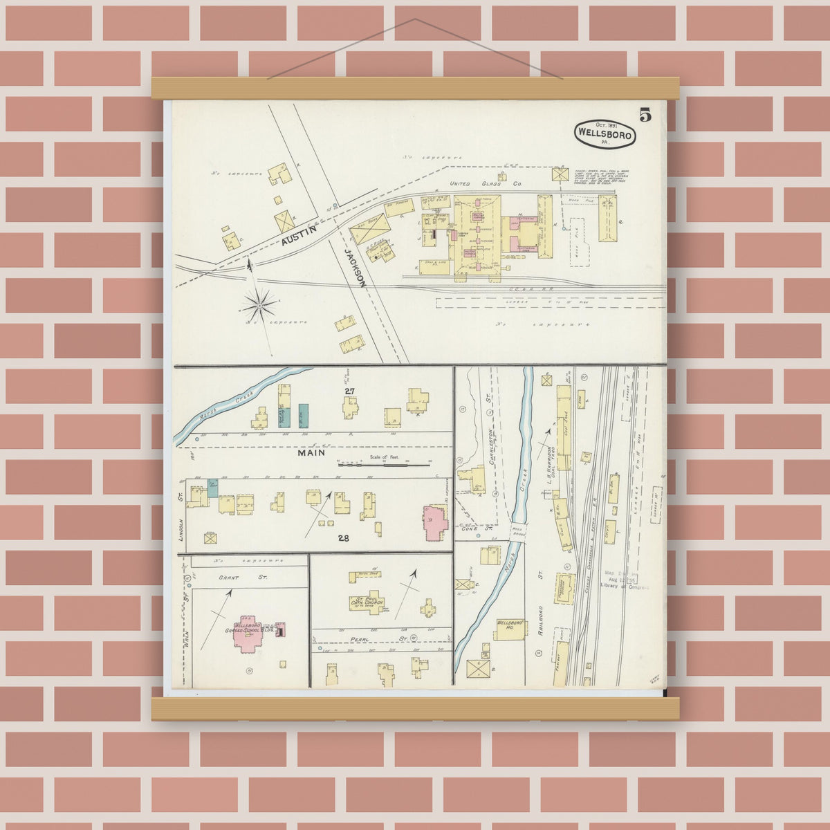 Old map wall art mockup — magnetic wood frame on brick wall — Sanborn Fire Insurance Map from Wellsboro, Tioga County, Pennsylvania (1891), Sheet #0005