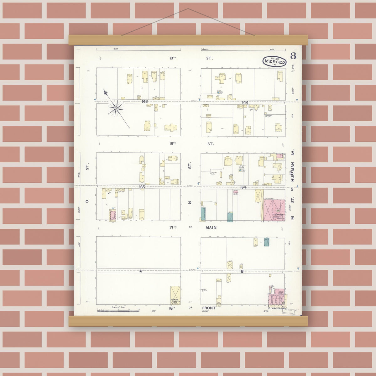 Old map wall art mockup — magnetic wood frame on brick wall — Sanborn Fire Insurance Map from Merced, Merced County, California (1891), Sheet #0008