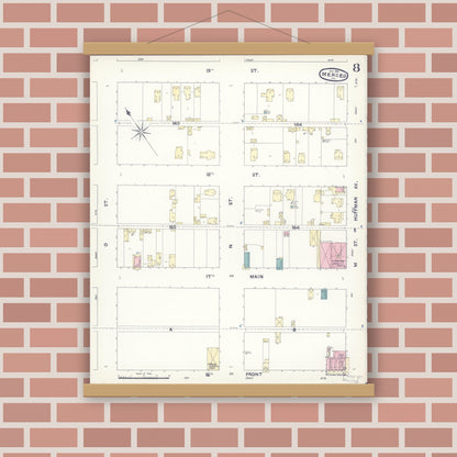 Old map wall art mockup — magnetic wood frame on brick wall — Sanborn Fire Insurance Map from Merced, Merced County, California (1891), Sheet #0008