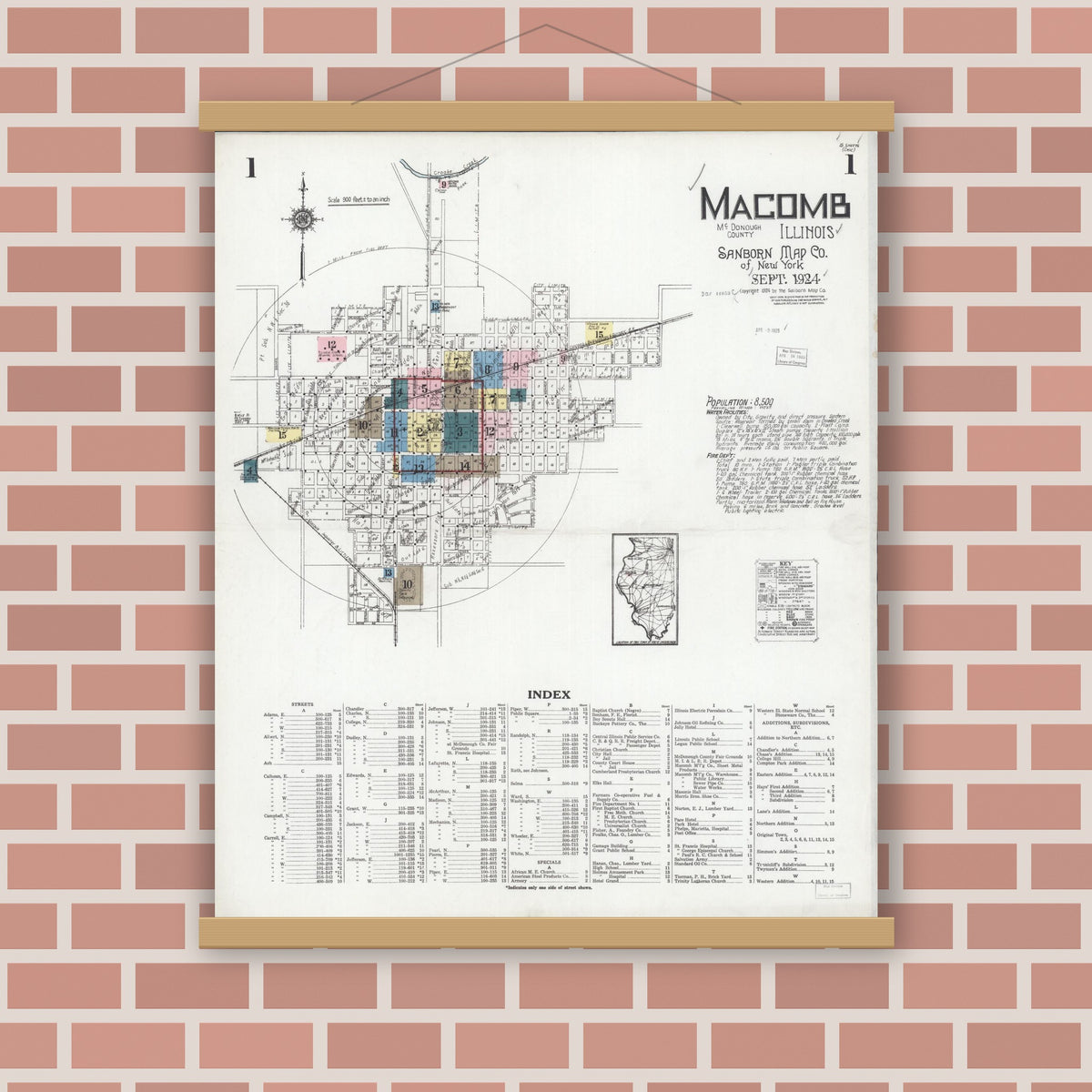Old map wall art mockup — magnetic wood frame on brick wall — Sanborn Fire Insurance Map from Macomb, Mcdonough County, Illinois (1924) - Complete Map Set