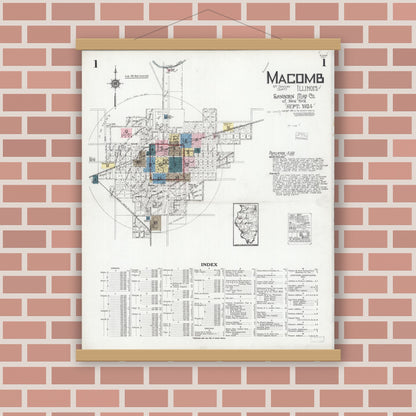 Old map wall art mockup — magnetic wood frame on brick wall — Sanborn Fire Insurance Map from Macomb, Mcdonough County, Illinois (1924) - Complete Map Set