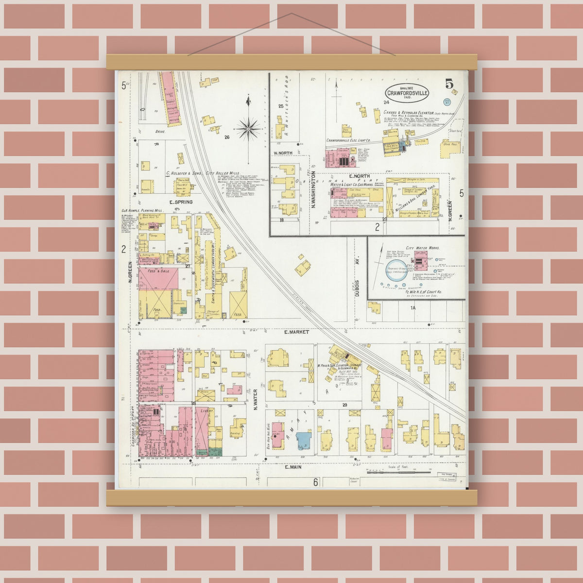 Old map wall art mockup — magnetic wood frame on brick wall — Sanborn Fire Insurance Map from Crawfordsville, Montgomery County, Indiana (1902), Sheet #0005