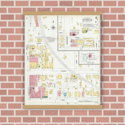 Old map wall art mockup — magnetic wood frame on brick wall — Sanborn Fire Insurance Map from Crawfordsville, Montgomery County, Indiana (1902), Sheet #0005