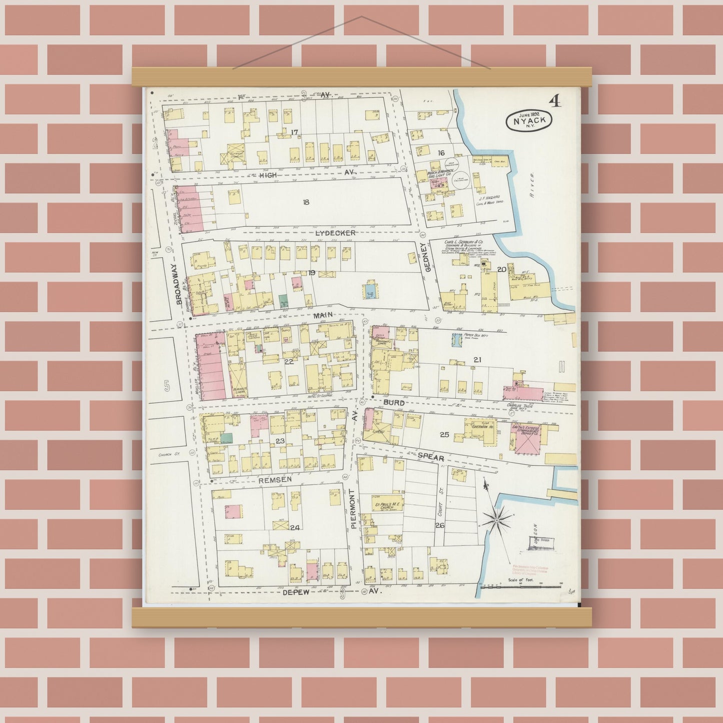 Old map wall art mockup — magnetic wood frame on brick wall — Sanborn Fire Insurance Map from Nyack, Rockland County, New York. (1892), Sheet #0004