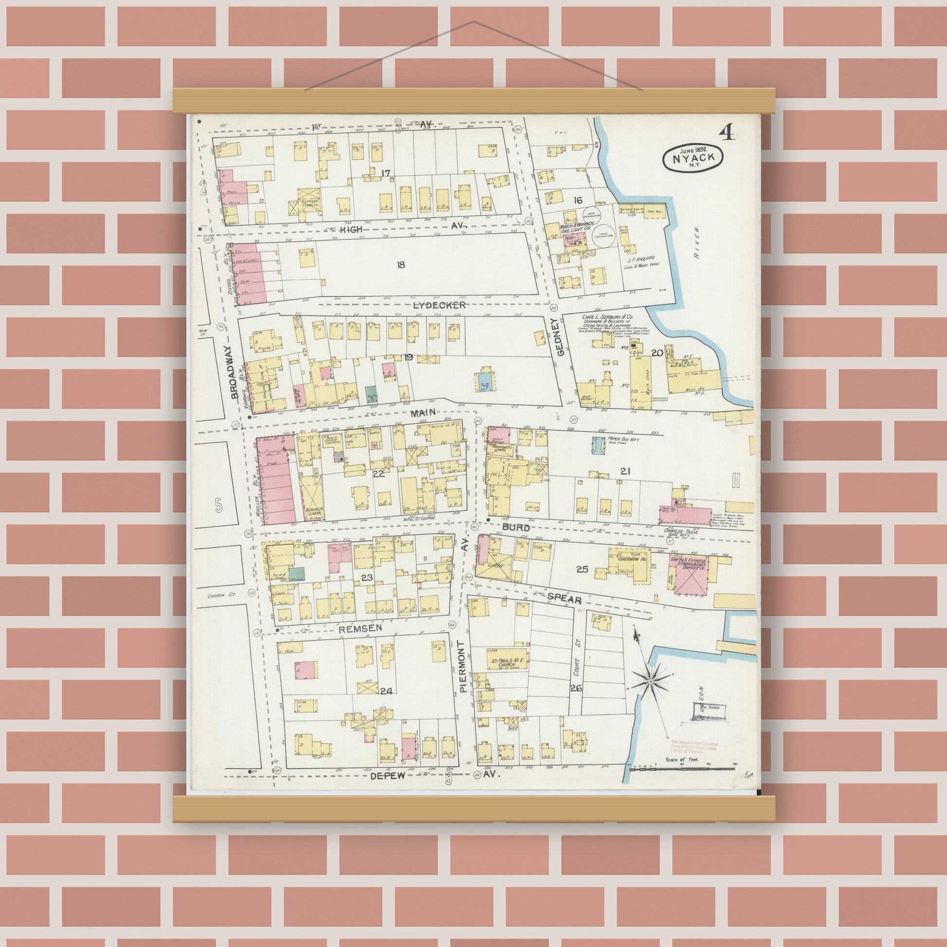 Old map wall art mockup — magnetic wood frame on brick wall — Sanborn Fire Insurance Map from Nyack, Rockland County, New York. (1892), Sheet #0004