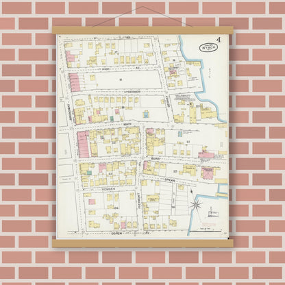 Old map wall art mockup — magnetic wood frame on brick wall — Sanborn Fire Insurance Map from Nyack, Rockland County, New York. (1892), Sheet #0004
