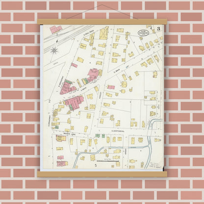 Old map wall art mockup — magnetic wood frame on brick wall — Sanborn Fire Insurance Map from Geneva, Ashtabula County, Ohio (1898), Sheet #0003