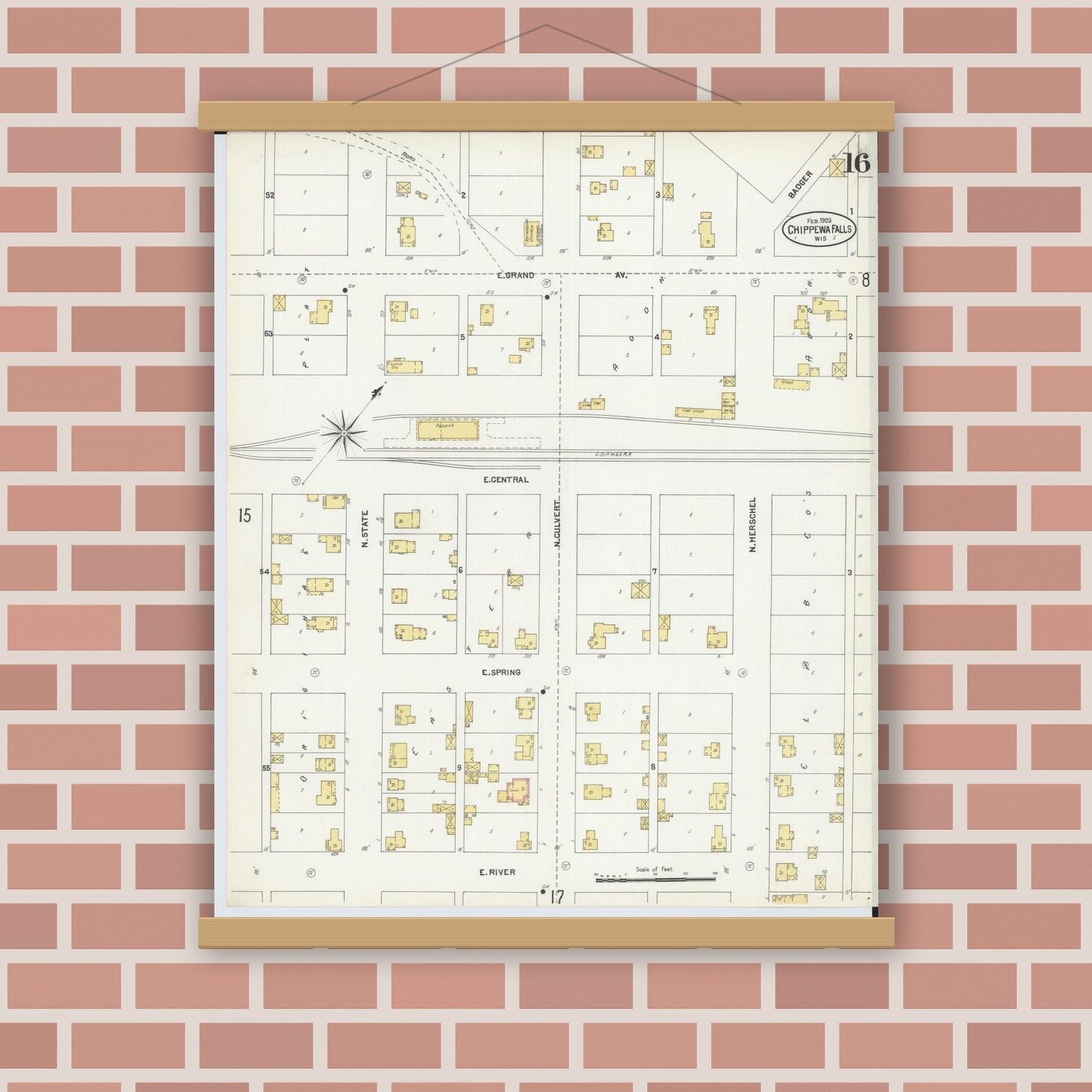 Old map wall art mockup — magnetic wood frame on brick wall — Sanborn Fire Insurance Map from Chippewa Falls, Chippewa County, Wisconsin (1903), Sheet #0016