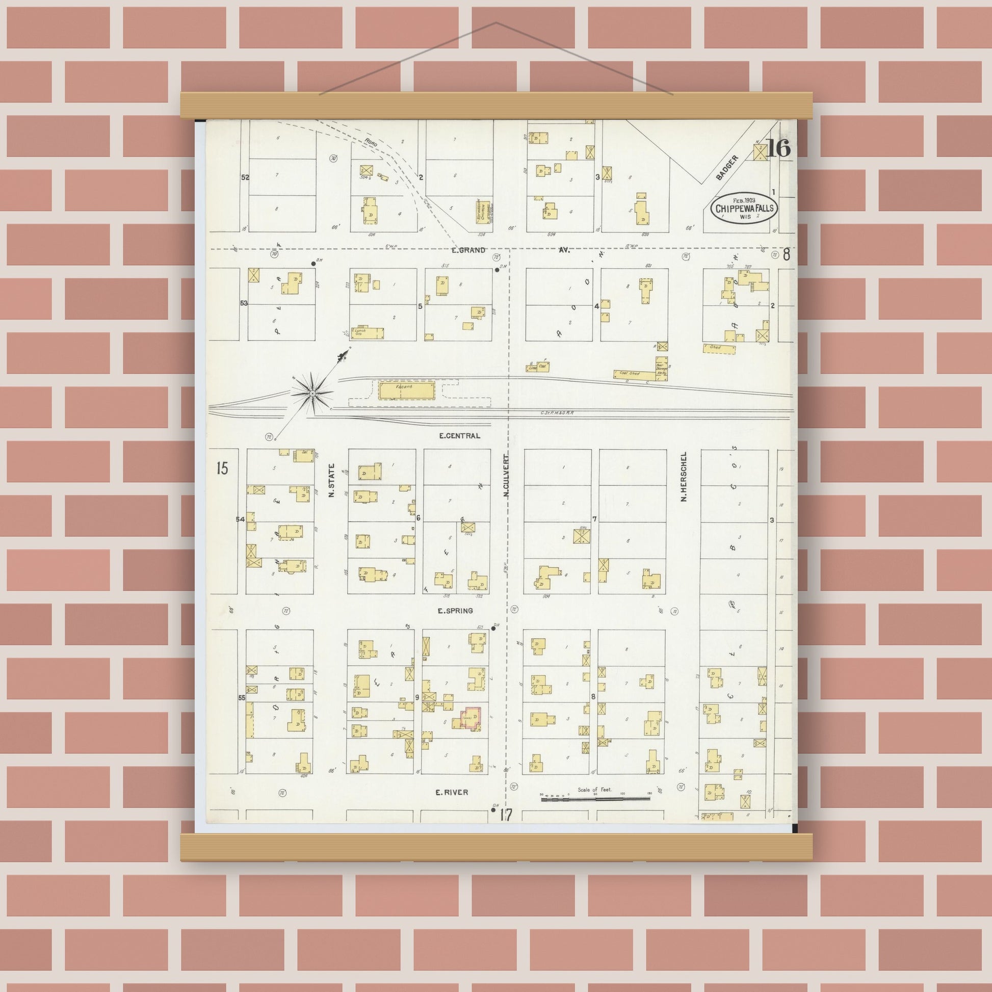 Old map wall art mockup — magnetic wood frame on brick wall — Sanborn Fire Insurance Map from Chippewa Falls, Chippewa County, Wisconsin (1903), Sheet #0016