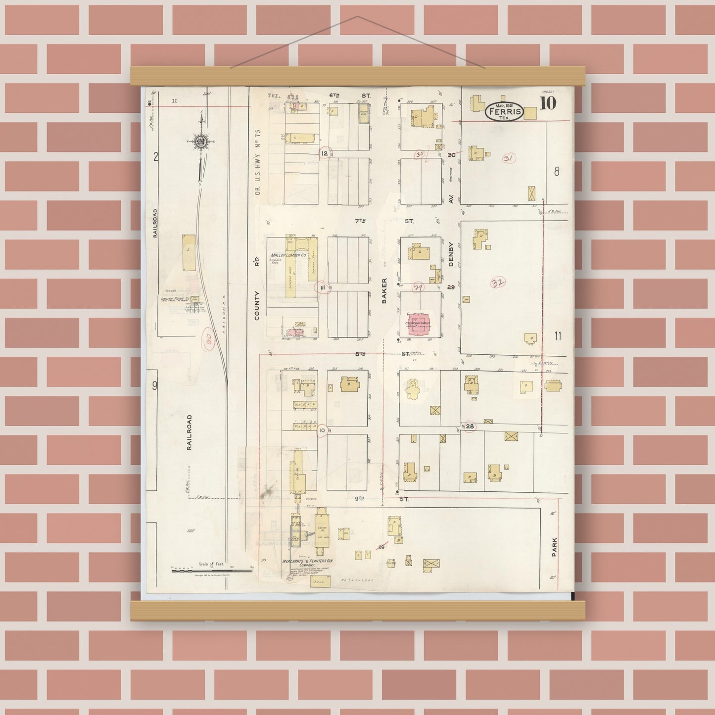 Old map wall art mockup — magnetic wood frame on brick wall — Sanborn Fire Insurance Map from Ferris, Ellis County, Texas (1941), Sheet #0010