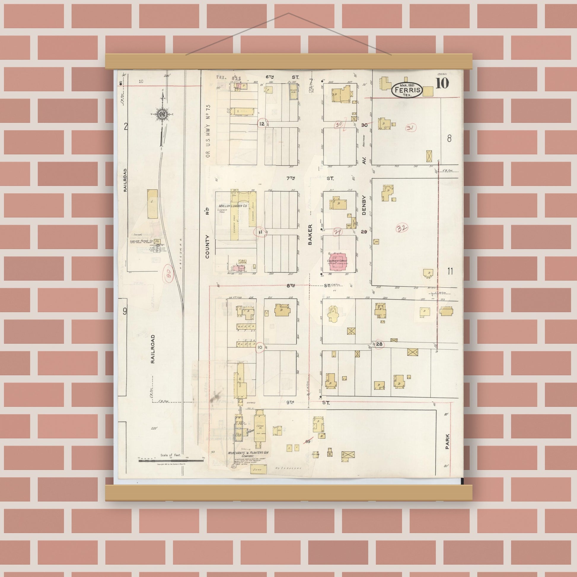 Old map wall art mockup — magnetic wood frame on brick wall — Sanborn Fire Insurance Map from Ferris, Ellis County, Texas (1941), Sheet #0010