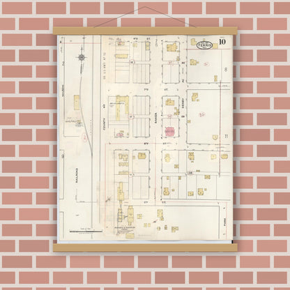 Old map wall art mockup — magnetic wood frame on brick wall — Sanborn Fire Insurance Map from Ferris, Ellis County, Texas (1941), Sheet #0010