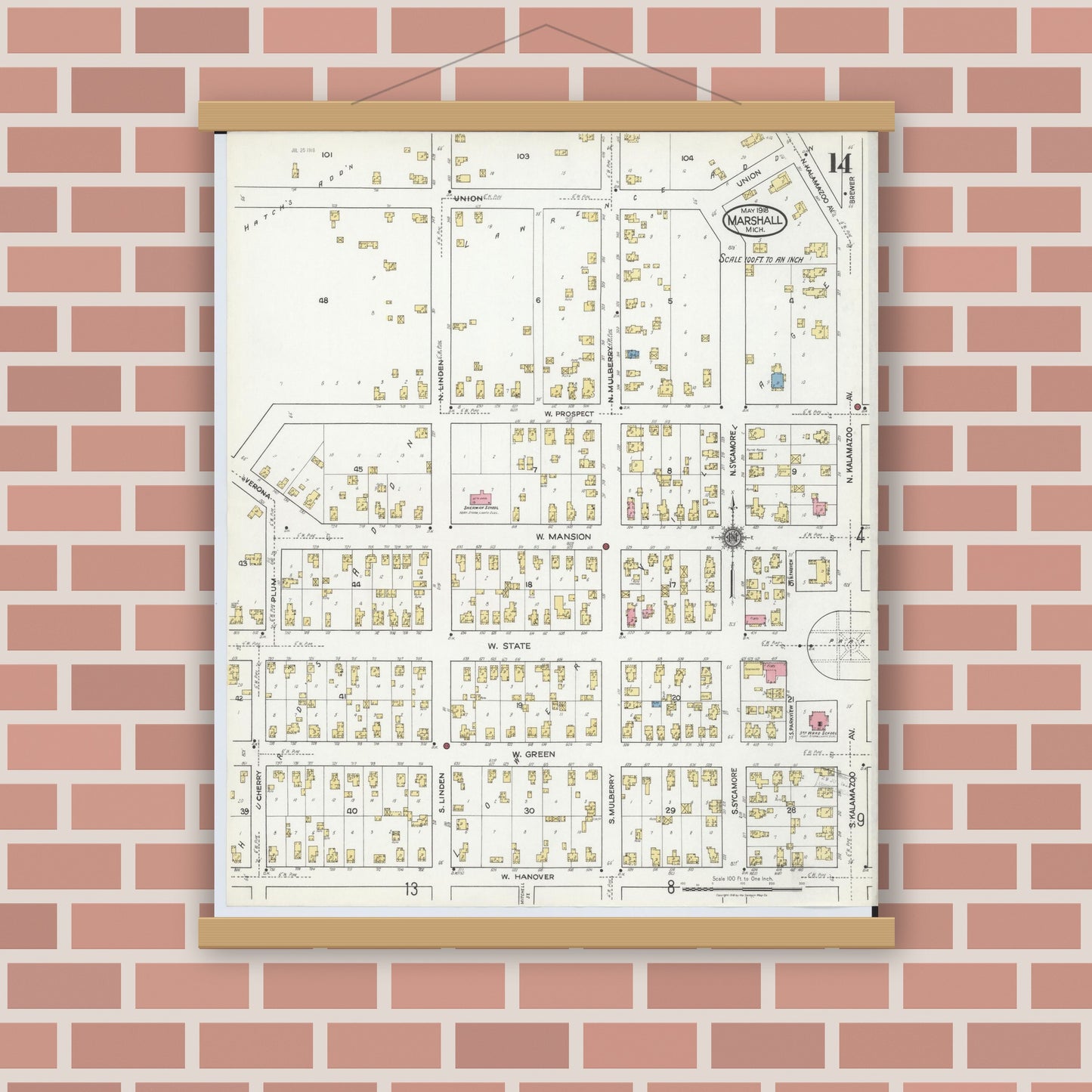 Old map wall art mockup — magnetic wood frame on brick wall — Sanborn Fire Insurance Map from Marshall, Calhoun County, Michigan (1916), Sheet #0014