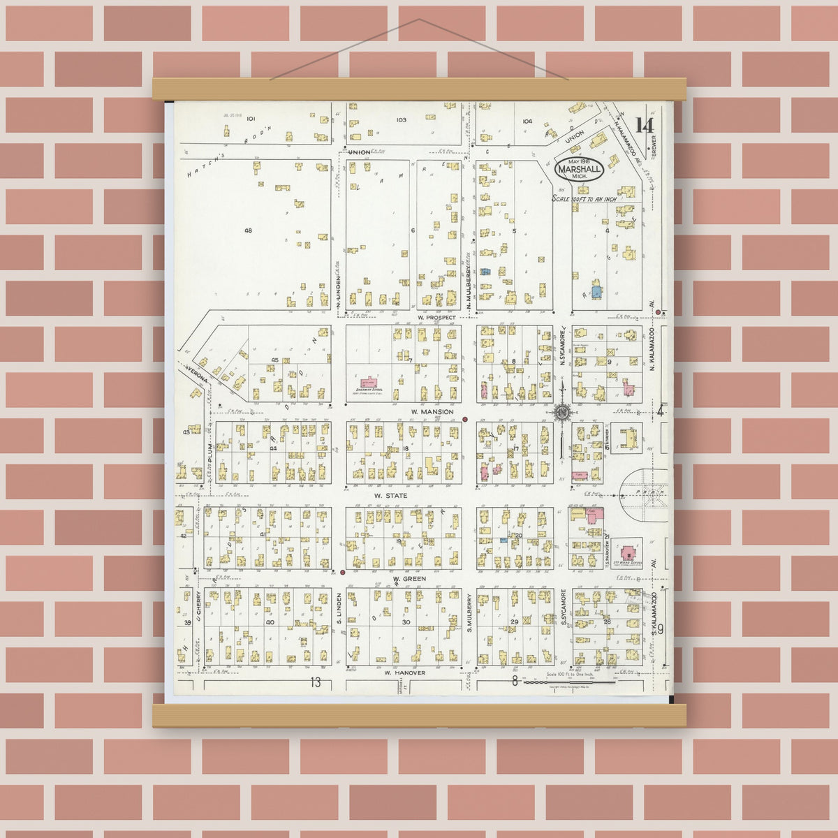 Old map wall art mockup — magnetic wood frame on brick wall — Sanborn Fire Insurance Map from Marshall, Calhoun County, Michigan (1916), Sheet #0014