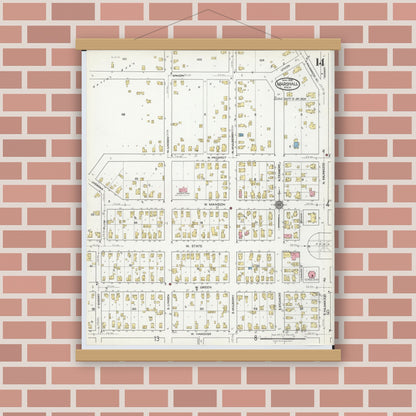 Old map wall art mockup — magnetic wood frame on brick wall — Sanborn Fire Insurance Map from Marshall, Calhoun County, Michigan (1916), Sheet #0014