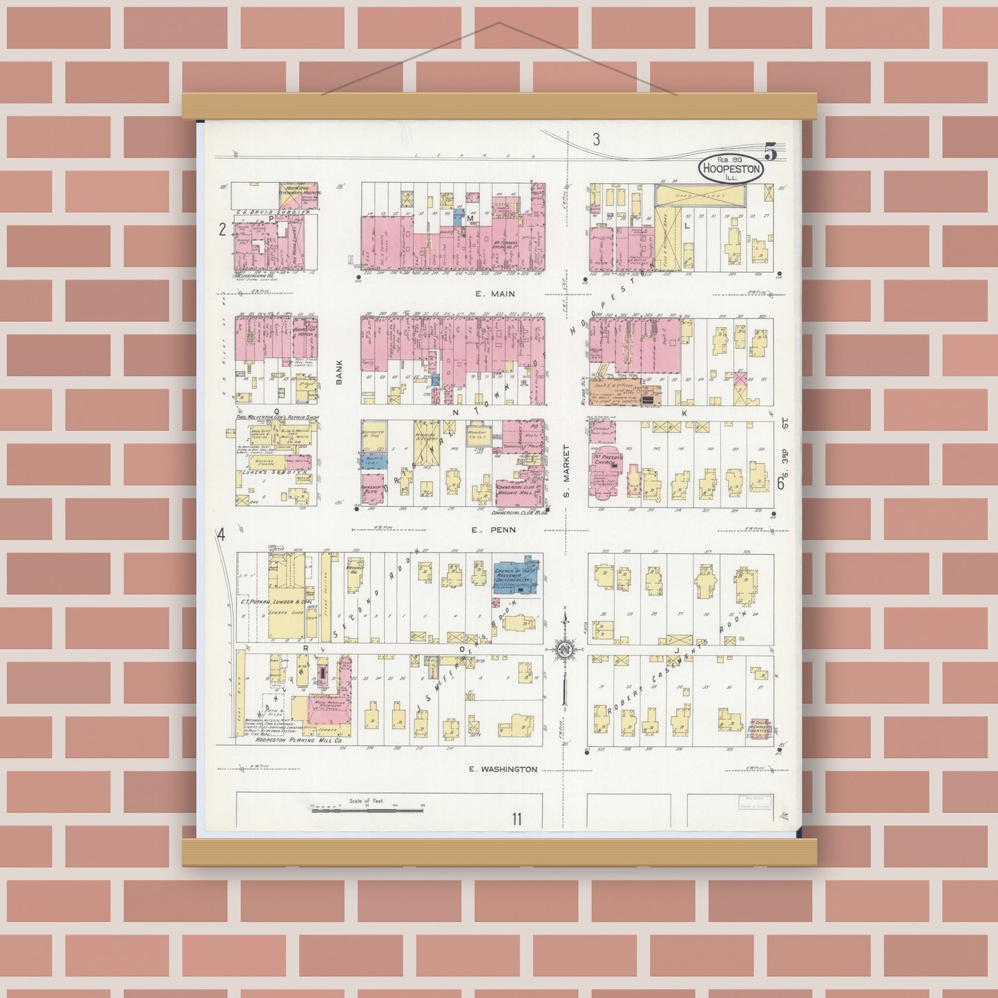 Old map wall art mockup — magnetic wood frame on brick wall — Sanborn Fire Insurance Map from Hoopeston, Vermilion County, Illinois (1913), Sheet #0005