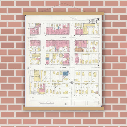 Old map wall art mockup — magnetic wood frame on brick wall — Sanborn Fire Insurance Map from Hoopeston, Vermilion County, Illinois (1913), Sheet #0005