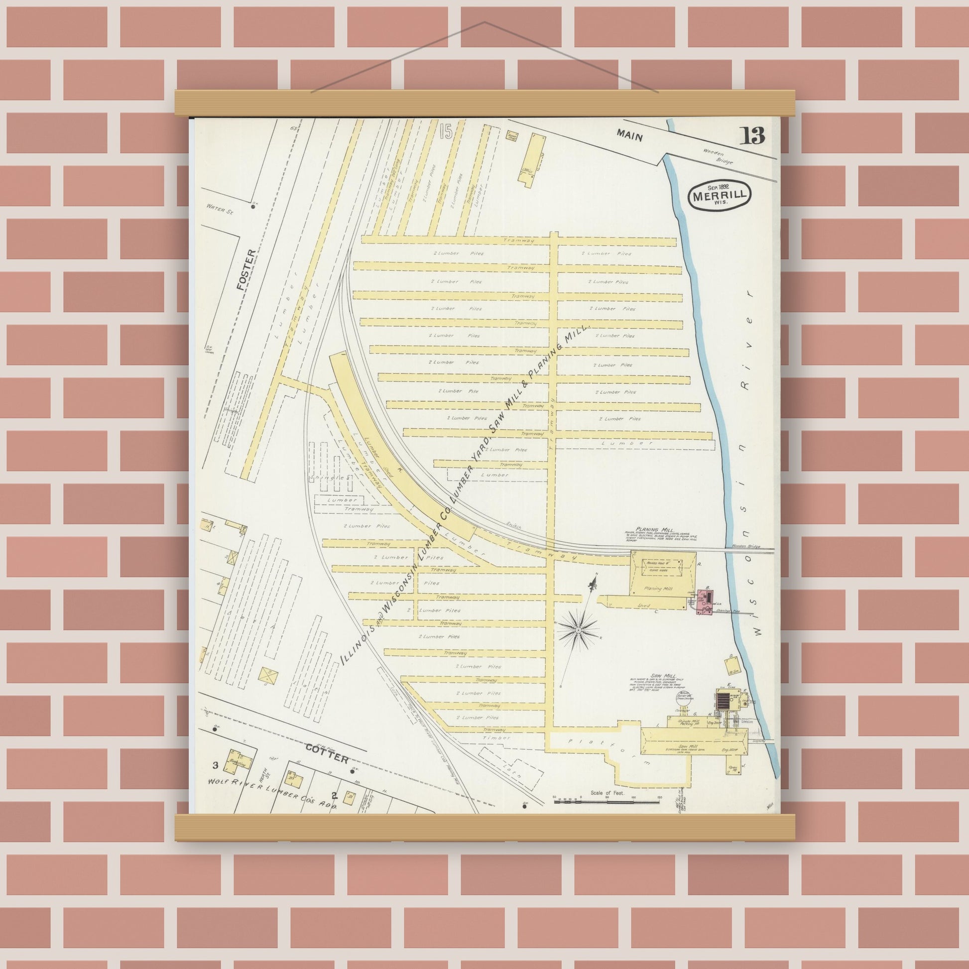 Old map wall art mockup — magnetic wood frame on brick wall — Sanborn Fire Insurance Map from Merrill, Lincoln County, Wisconsin (1892), Sheet #0013
