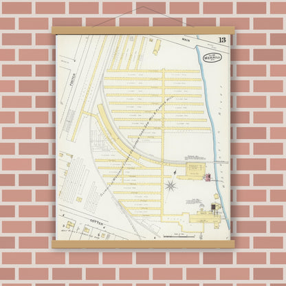 Old map wall art mockup — magnetic wood frame on brick wall — Sanborn Fire Insurance Map from Merrill, Lincoln County, Wisconsin (1892), Sheet #0013