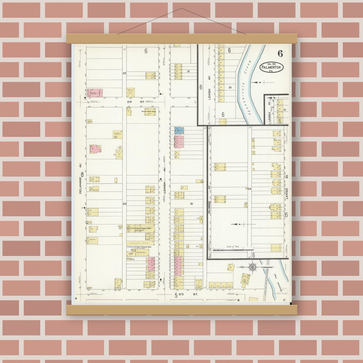 Old map wall art mockup — magnetic wood frame on brick wall — Sanborn Fire Insurance Map from Palmerton, Carbon County, Pennsylvania (1912), Sheet #0006