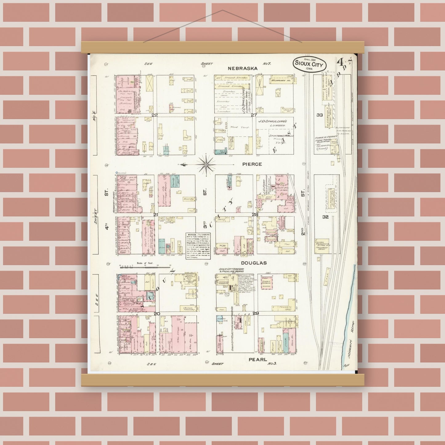 Old map wall art mockup — magnetic wood frame on brick wall — Sanborn Fire Insurance Map from Sioux City, Woodbury County, Iowa (1884), Sheet #0004