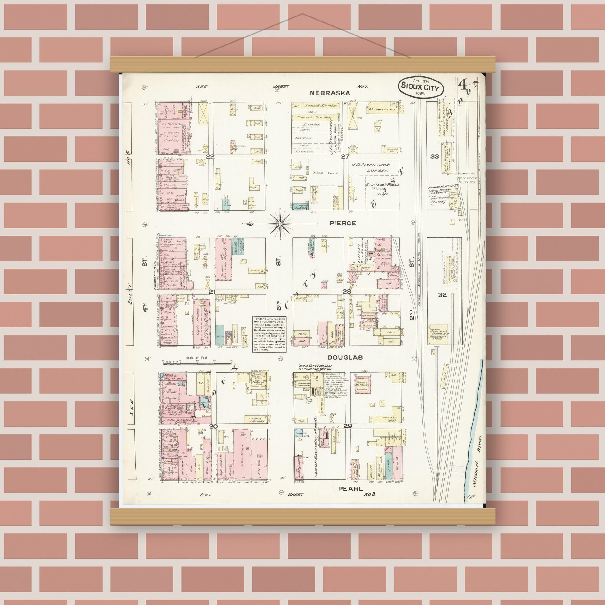 Old map wall art mockup — magnetic wood frame on brick wall — Sanborn Fire Insurance Map from Sioux City, Woodbury County, Iowa (1884), Sheet #0004