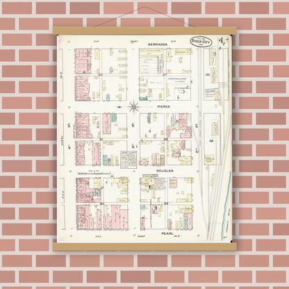 Old map wall art mockup — magnetic wood frame on brick wall — Sanborn Fire Insurance Map from Sioux City, Woodbury County, Iowa (1884), Sheet #0004