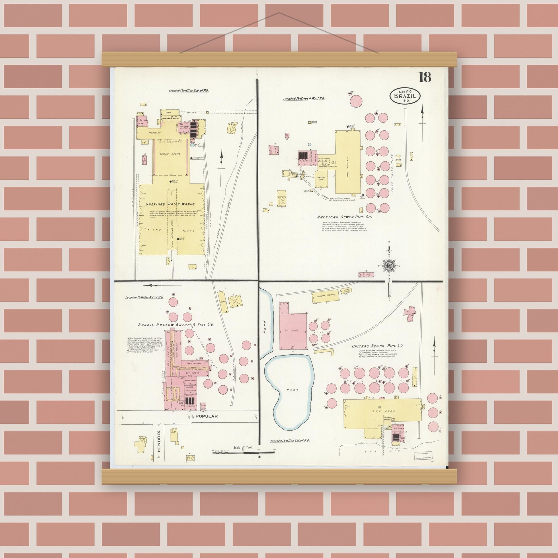 Old map wall art mockup — magnetic wood frame on brick wall — Sanborn Fire Insurance Map from Brazil, Clay County, Indiana (1910), Sheet #0018