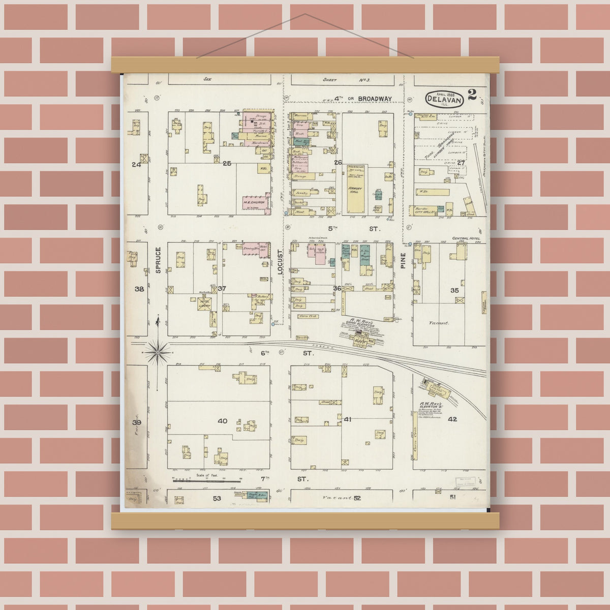 Old map wall art mockup — magnetic wood frame on brick wall — Sanborn Fire Insurance Map from Delavan, Tazewell County, Illinois (1888), Sheet #0002