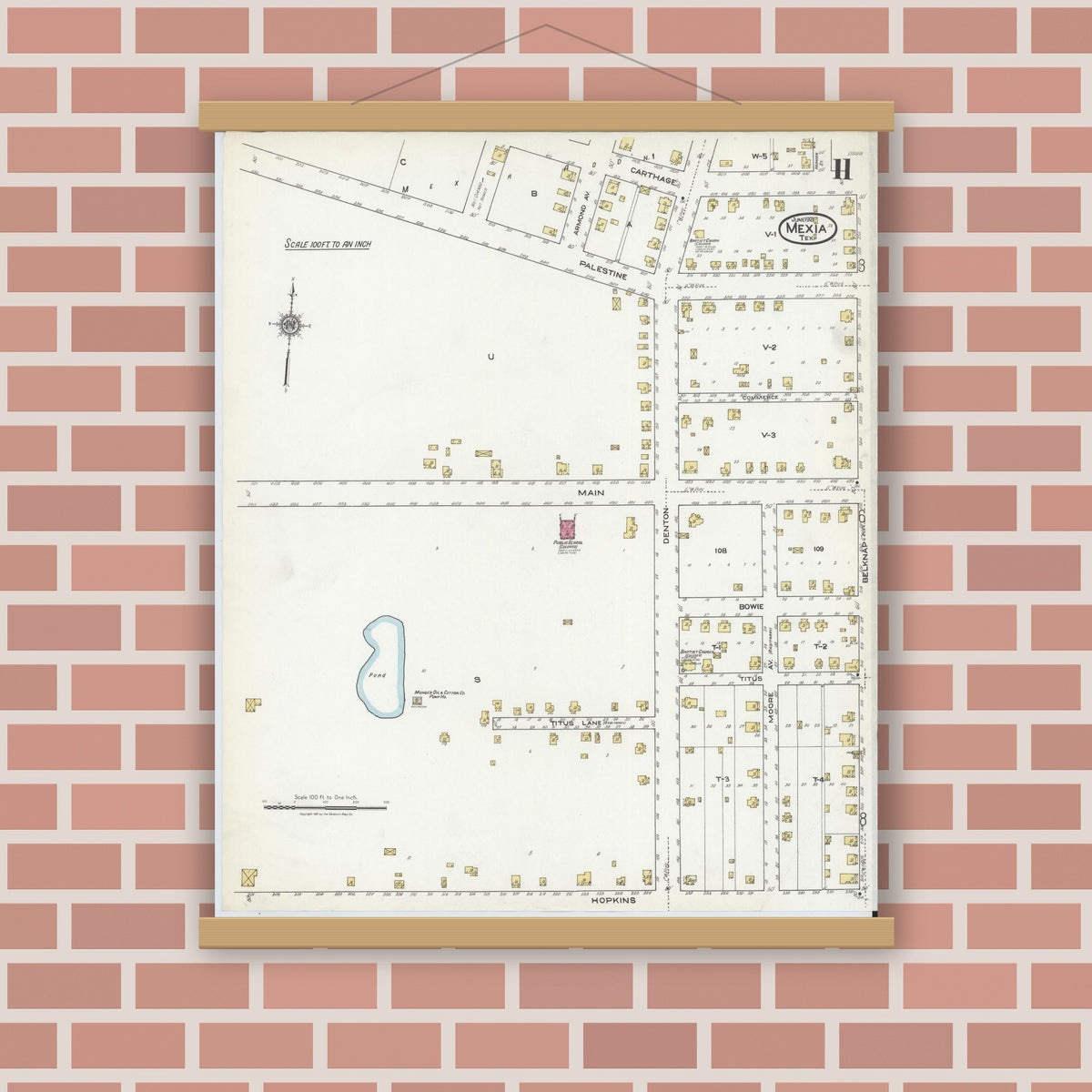 Old map wall art mockup — magnetic wood frame on brick wall — Sanborn Fire Insurance Map from Mexia, Limestone County, Texas (1921), Sheet #0011