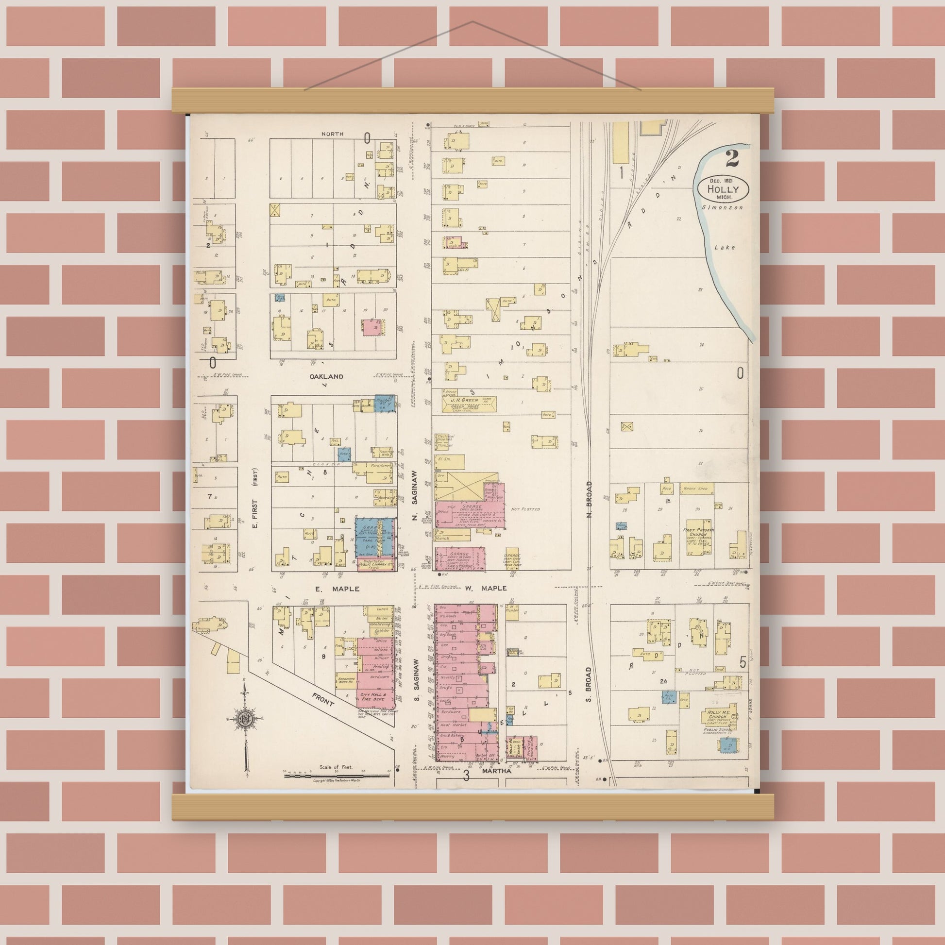 Old map wall art mockup — magnetic wood frame on brick wall — Sanborn Fire Insurance Map from Holly, Oakland County, Michigan (1921), Sheet #0002