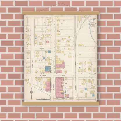 Old map wall art mockup — magnetic wood frame on brick wall — Sanborn Fire Insurance Map from Holly, Oakland County, Michigan (1921), Sheet #0002